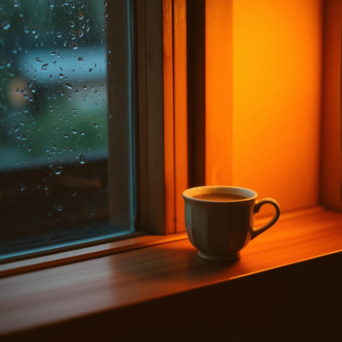 A ceramic cup of tea resting on a sunlit windowsill