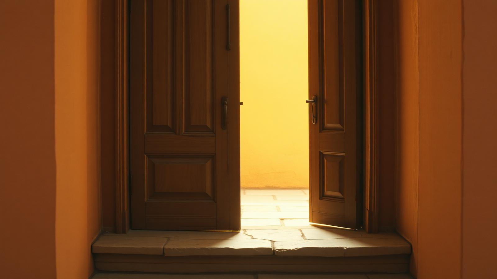 A wooden door standing open with warm light across a stone threshold