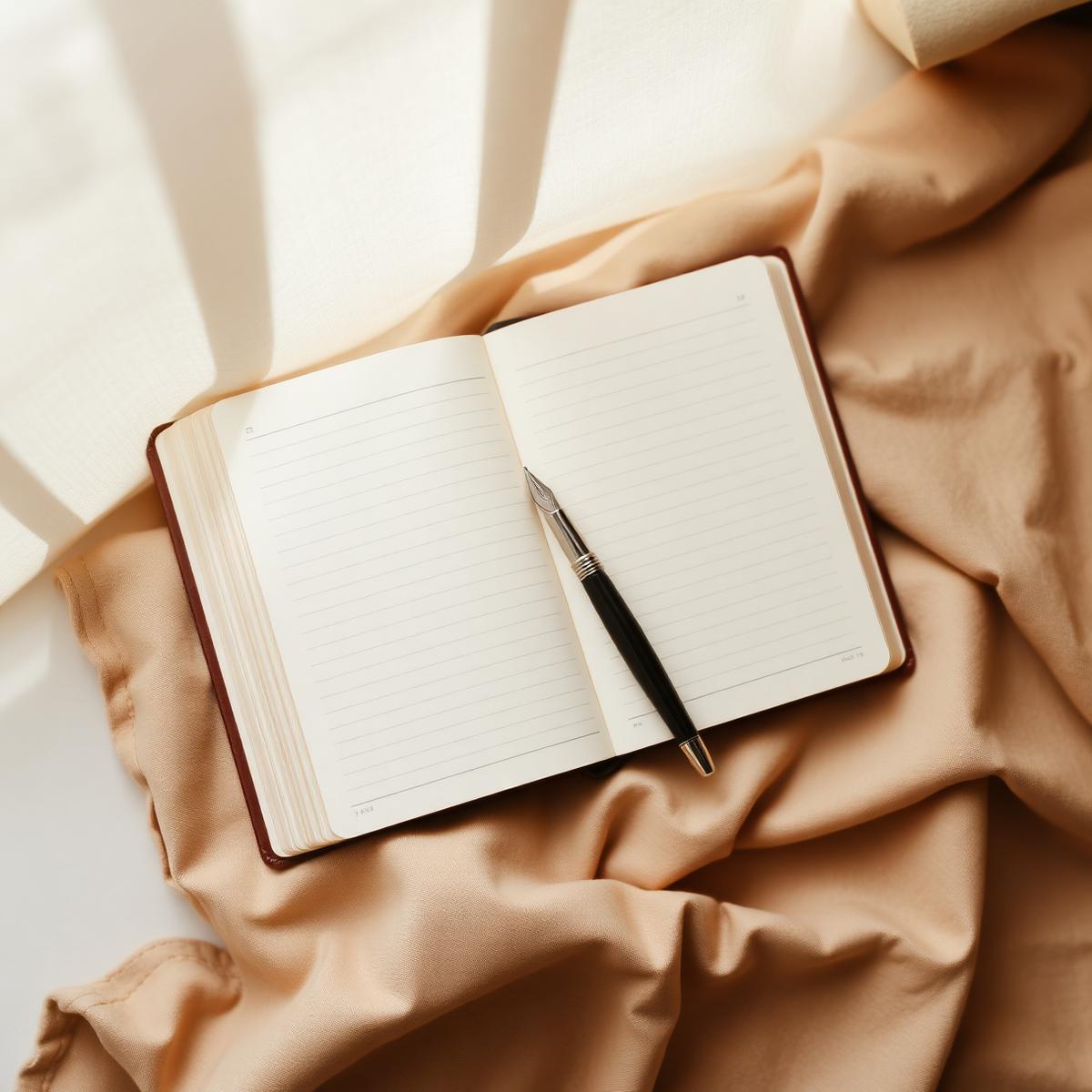 An open notebook and pen on natural linen in soft window light