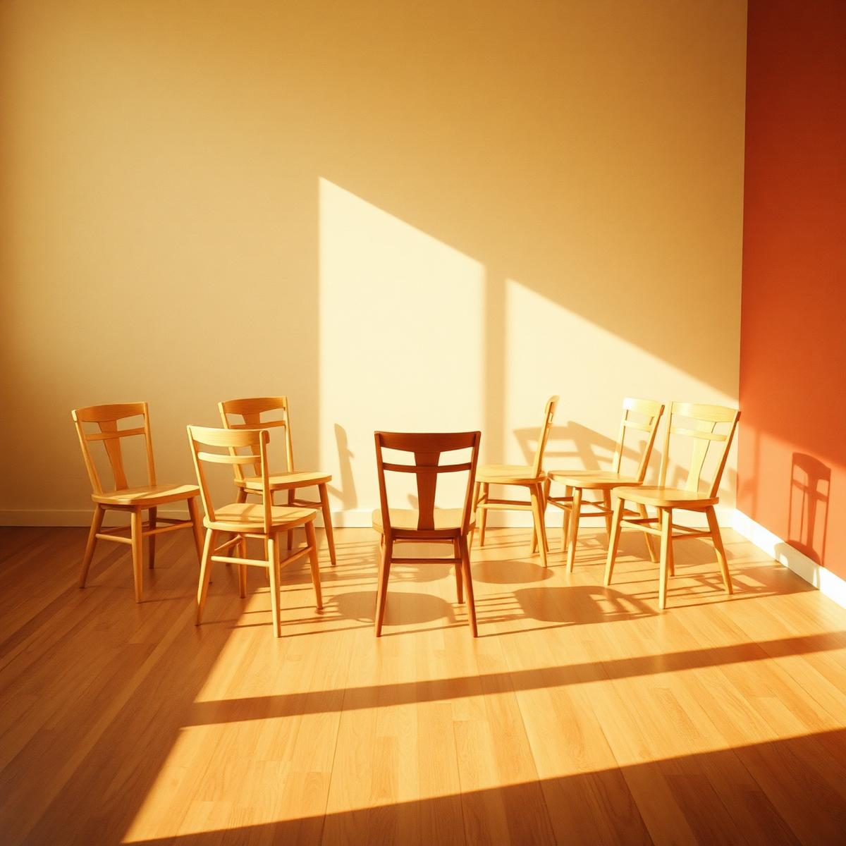 Wooden chairs arranged in a circle in a sunlit room
