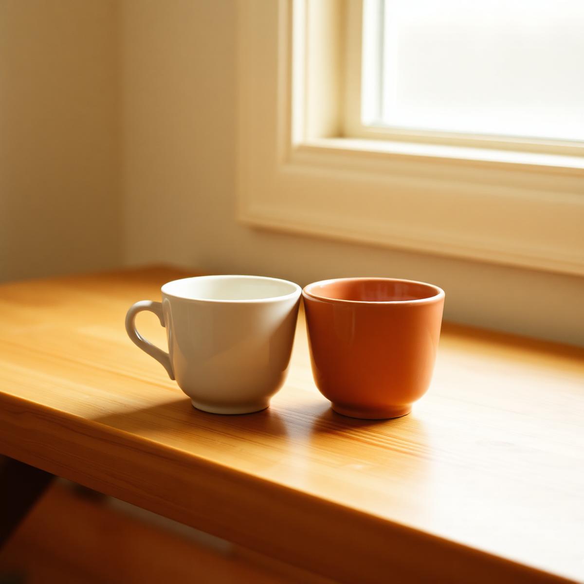 Two ceramic cups side by side on a warm wooden table